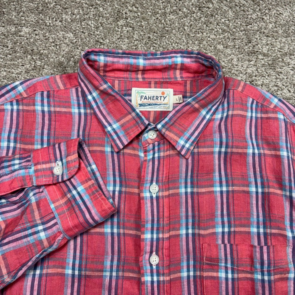 Faherty Beach House Collection Mens Large Red Blue Plaid 100% Linen Button Down